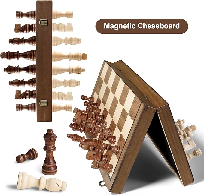 Magnetic Wooden Chess Set 2 Extra Queens 15'' Folding Portable Travel Chessboard with Chess Pieces Storage Slots for Professional Tournament Beginner Adults Kids 6 up Age DUR-001