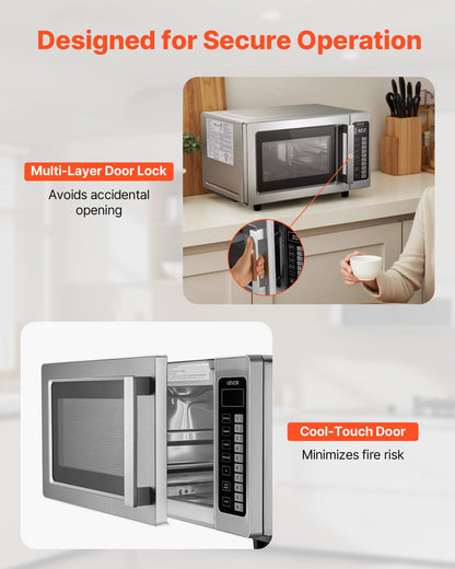 VEVOR Commercial Microwave Oven, 0.9 Cu Ft, 1000W Digital Stainless Steel Countertop Microwave Oven with Touchscreen, 10 Cooking Presets, 5 Power Levels, Multi-Lock Door & Easy Clean for Restaurants