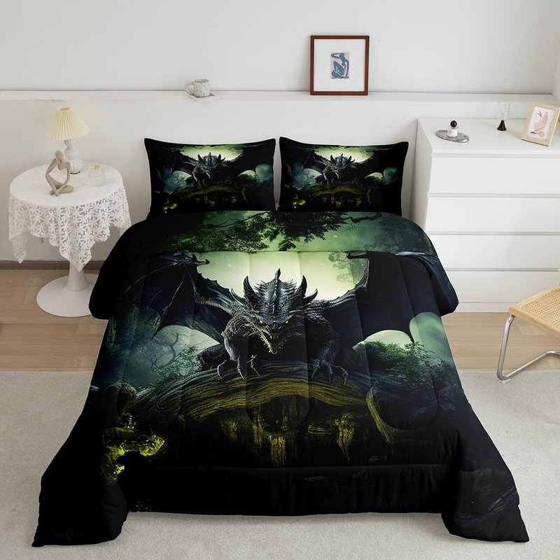 Erosebridal Flying Dragon Bedding Print for Boys Girls Room Decor - Dragon Bedding King, Exotic Dragon Comforter Set Tropical Rainforest Quilt Soft Microfiber Duvet Insert with 2 Pillow Cases
