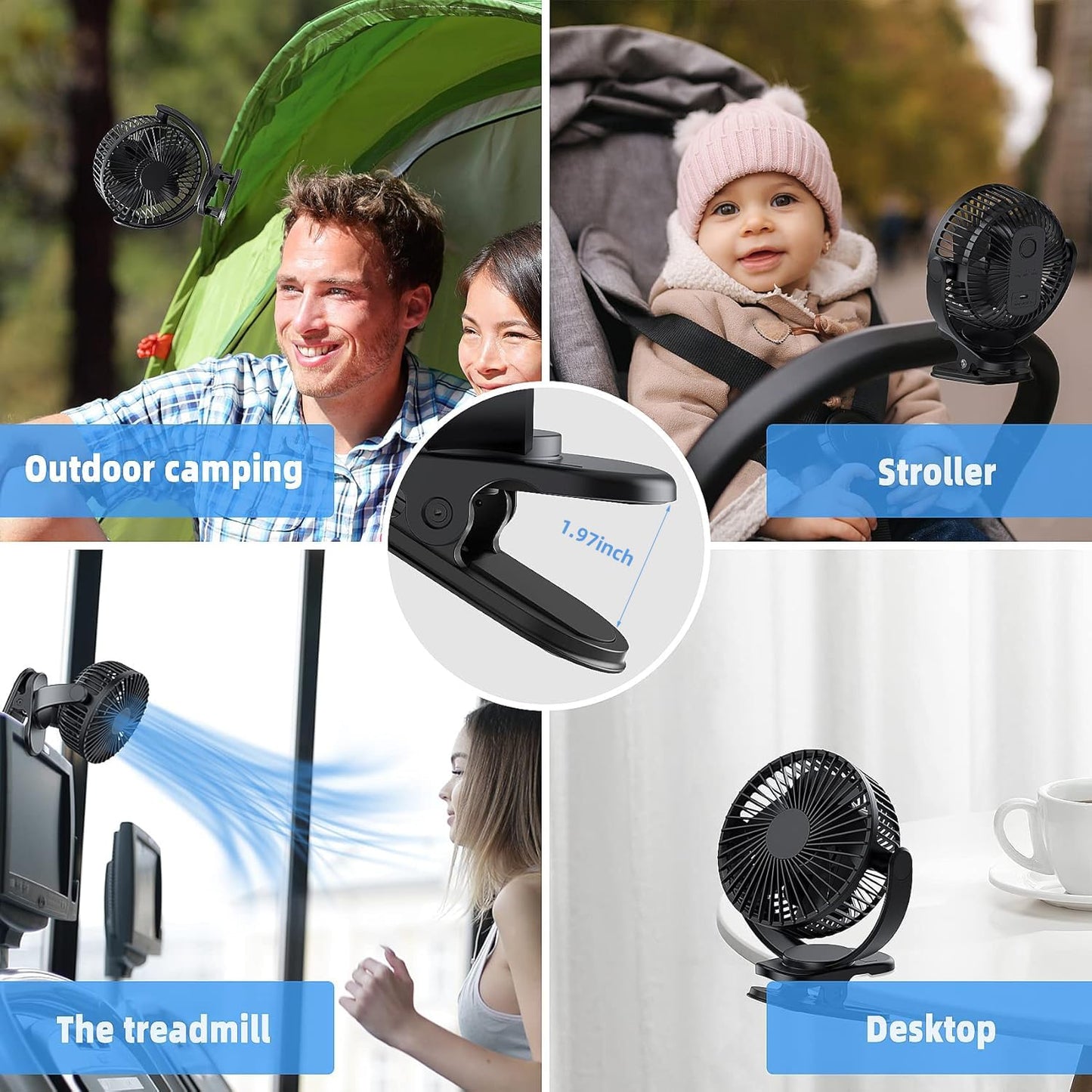 ATEngeus Rechargeable Clip-on USB Desk Fan, 3 Speeds, 5000mAh Battery, 720Rotation, Sturdy Clamp for Home, Camping, Treadmill and Car