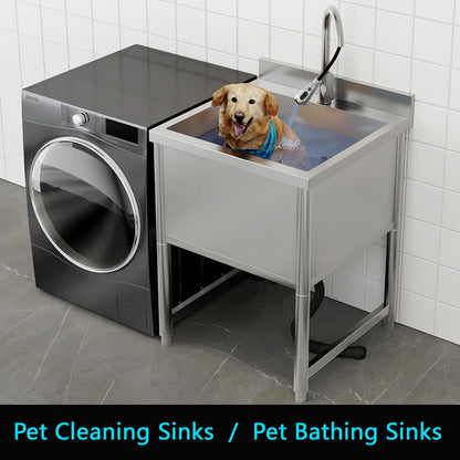 Stainless Steel Commercial Restaurant Sink, Freestanding Large Commercial Sink with Pull-out Faucet for Kitchen Dishwashing, Thawing, Pet Cleaning, Laundry Room, 23.6"D x 21.6"W x 36.8"H