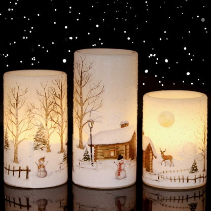 Eldnacele Snowman Christmas Deco Flameless Flickering Candles with Automatical Daily Cycle Timer, White Battery-Operated LED Pillar Candles Snowman Decals 3 Pack (D3” x H 4” 5” 6”)