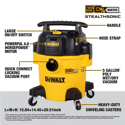 DEWALT Wet Dry Shop Vac 5 Gallon, STEALTHSONIC Ultra Quiet Shop Vacuum Wet and Dry 4 Peak HP, Powerful Suction Wet Dry Vacuum Cleaner, Portable Vacuum for Home, Garage, Workshop, Jobsite, DXV05P-QT
