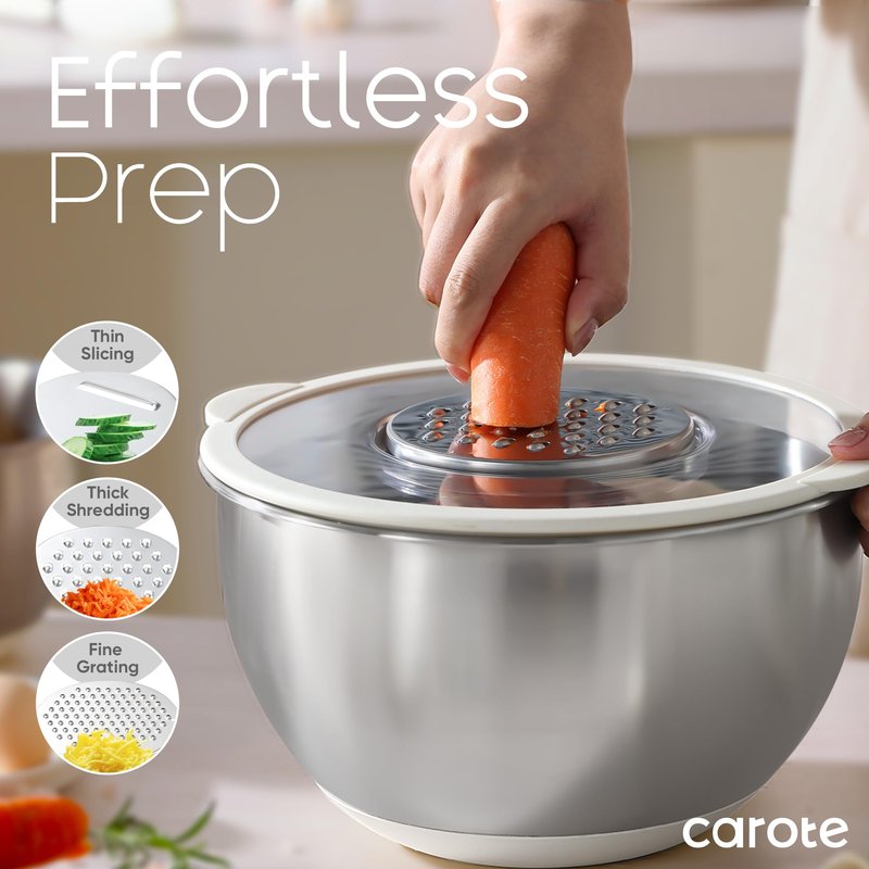 CAROTE Stainless Steel Mixing Bowls with Lids Set,12 Pcs Nesting Bowls Clear Airtight Lids 3 Grater Attachments,Non-Slip Bottoms & Measurement Marks Mixing Bowls,Size 5,3,2,1.5,1QT