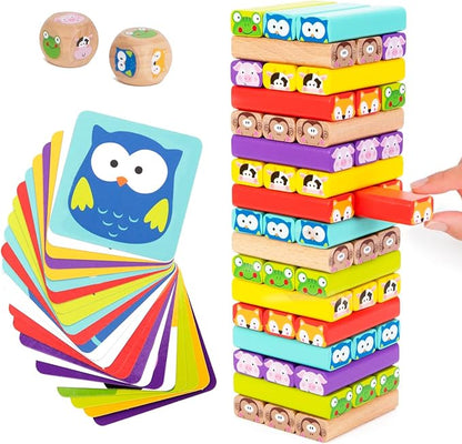 Nene Toys Wooden Tumble Tower Game with Animals &amp Colors 4-in-1 Educational Family Board Game for Kids Ages 3-9 Creativity &amp Cognitive Skills Booster - Gift for Boys Girls 3+ Years
