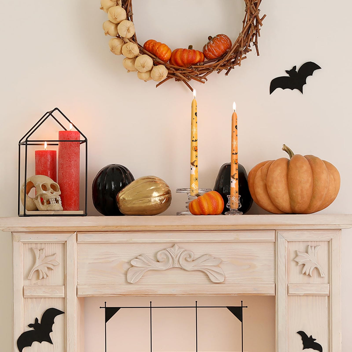 Whaline 8Pcs Halloween Taper Candles 10 Inch Orange Pink Ghost Pumpkin Decorative Candles Long Unscented Candle Sticks for Trick or Treat Party Home Table Decor