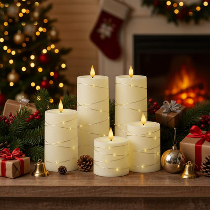 Raycare Flameless Candles with Remote Timer, Flickering Battery Operated LED Pillar Fake Candle with String Lights for Home Decor, Christmas, Wedding and Gift, Ivory, Set of 5