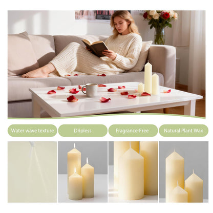 Veiuwa 6 Pcs Ivory Pillar Candles Bulk Set，2x3 2x6 2x8 Inch - 2 Each Size，Hurricane Candles，Dripless Unscented Smokeless，Gives You a Better Atmosphere When Organizing Wedding or Event Party.