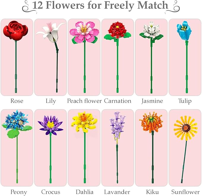 Flower Bouquet Building Set980PCS Creative DIY Plant Bouquet Decoration12 Artificial Flowers Botanical for Adults Women Girls Ages 6+Idea Gifts for Mother's Day Birthdays No Vase