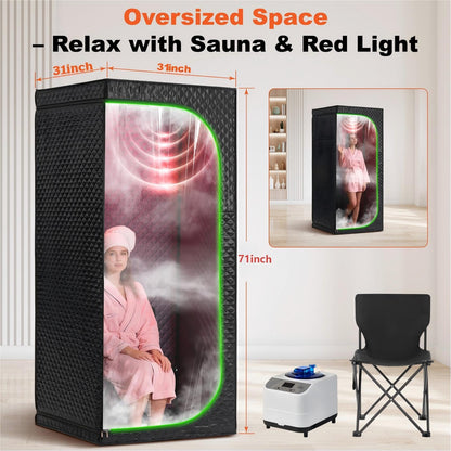 UNANEST Portable Steam Sauna Tent for Home, Infrared Sauna, Tent with Clear View Door and Red Light, Black, Full Size Square Sauna for Home, 3L Steamer, 9 Heat Levels