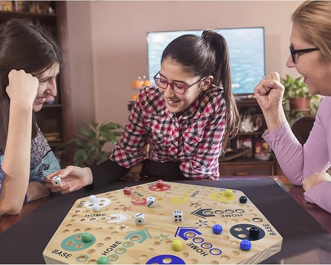 Original Marble Game Wahoo Board Game 16-Inch Double Side Painted Wooden Fast Track Board Game for 6 Player and 4 Player 6 Colors 36 Glass Marbles 8 Dice for Family Game Night Friends Party