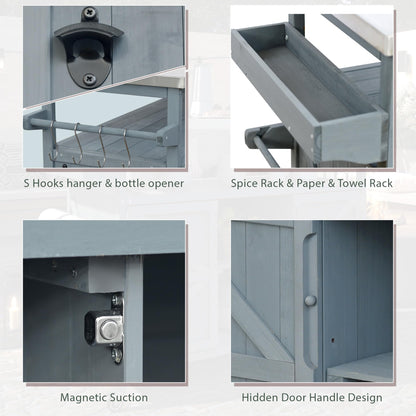 eodme Outdoor Cabinet for Patio Graden BBQ Grill Cart with Storage Cabinet, Home Rolling Kitchen Island Food Prep Table with Stainless Steel Top, Shelves, Spice Rack, Towel Rack(Grey Blue)