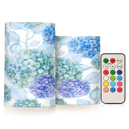 ALAZA Blue Purple Teal Green Hydrangea Flowers Flickering Flameless Candles Battery Operated with Remote Timer,Tea Light Candles LED Pillar Votive Candles Set of 2 for Outdoor Indoor Decorations