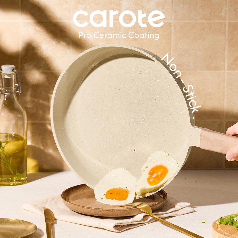 CAROTE 10" Frying Pan Set, Non-Toxic PTFE & PFOA Free Fry Pan & Omelet Pan, Compatible with Induction, Ceramic, Gas Cooktops