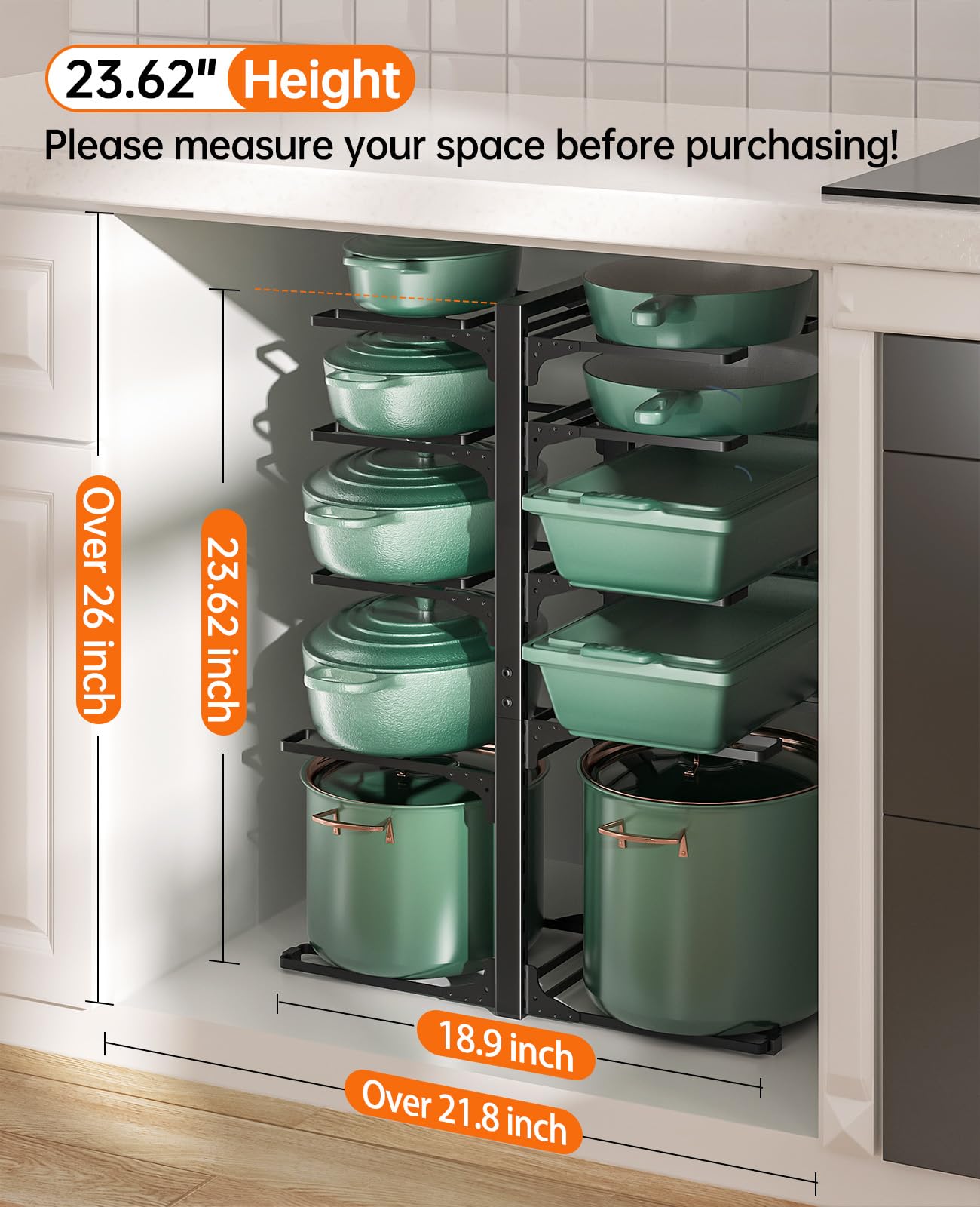 ORDORA Pots and Pans Organizer for Cabinet 16.61'' Height, 8 Tier Pot Organizers Rack with 3 DIY Methods, Adjustable Pan Organizer under Cabinet Kitchen Organization and Storage