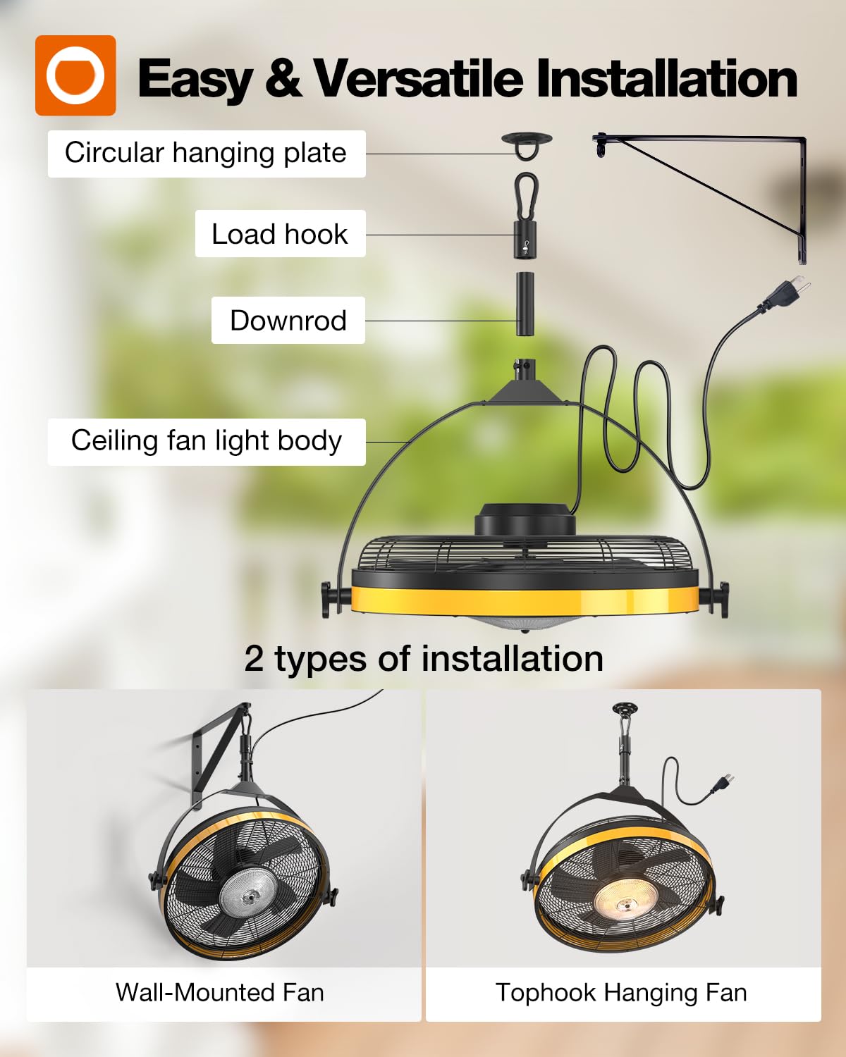 addlon 20" Outdoor Ceiling Fan with Light for Patios, IP65 Waterproof Gazebo Fan with Remote&APP Control,360° Adjustable Tilt,6 Speeds,3CCT Dimmable, Wall Mount Ceiling Fan with Hook Hanging for Porch