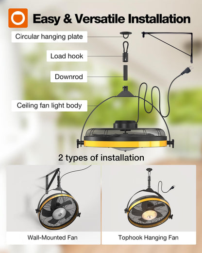 addlon 20" Outdoor Ceiling Fan with Light for Patios, IP65 Waterproof Gazebo Fan with Remote&APP Control,360° Adjustable Tilt,6 Speeds,3CCT Dimmable, Wall Mount Ceiling Fan with Hook Hanging for Porch