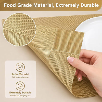 FGSAEOR Champagne Gold Table Placemats Set of 6, Woven Pattern 12 x 18 Inch, Washable Heat Resistant Dining Place Mats for Kitchen Table Decor