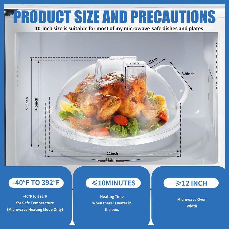 WENWELL Microwave Cover with Water Steamer & Tray,Food Protector Splatter Guard,Dish Bowl Plate Serving Lid with Handle,10 Inches,BPA-Free,Clear Plastic
