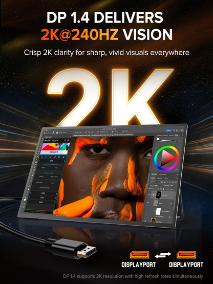UPERFECT 2K 240Hz Portable Monitor, 24.5″ QHD 2560×1440 Portable Gaming Monitor, 0.1ms, 500 Nits, HDR, HDMI 2.1 & DP 1.4 with Stand & VESA Second Screen for Laptop, PC, Phone & Game Console