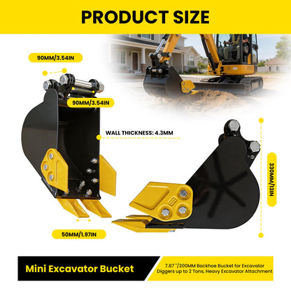 Mini Excavator Bucket, 7.87 "/200MM Backhoe Bucket for Excavator Diggers up to 0.8-2 Tons, Heavy Excavator Attachment, Forged Carbon Steel Teeth with Bolted Connection