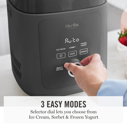 Martha Stewart 1 Quart Ice Cream Maker, Built-In Compressor, No Pre-Freezing Required, 3 Modes (Ice Cream, Sorbet, Frozen Yogurt), Automatic Mix-In Alert, Dishwasher-Safe Parts, Caviar Gray