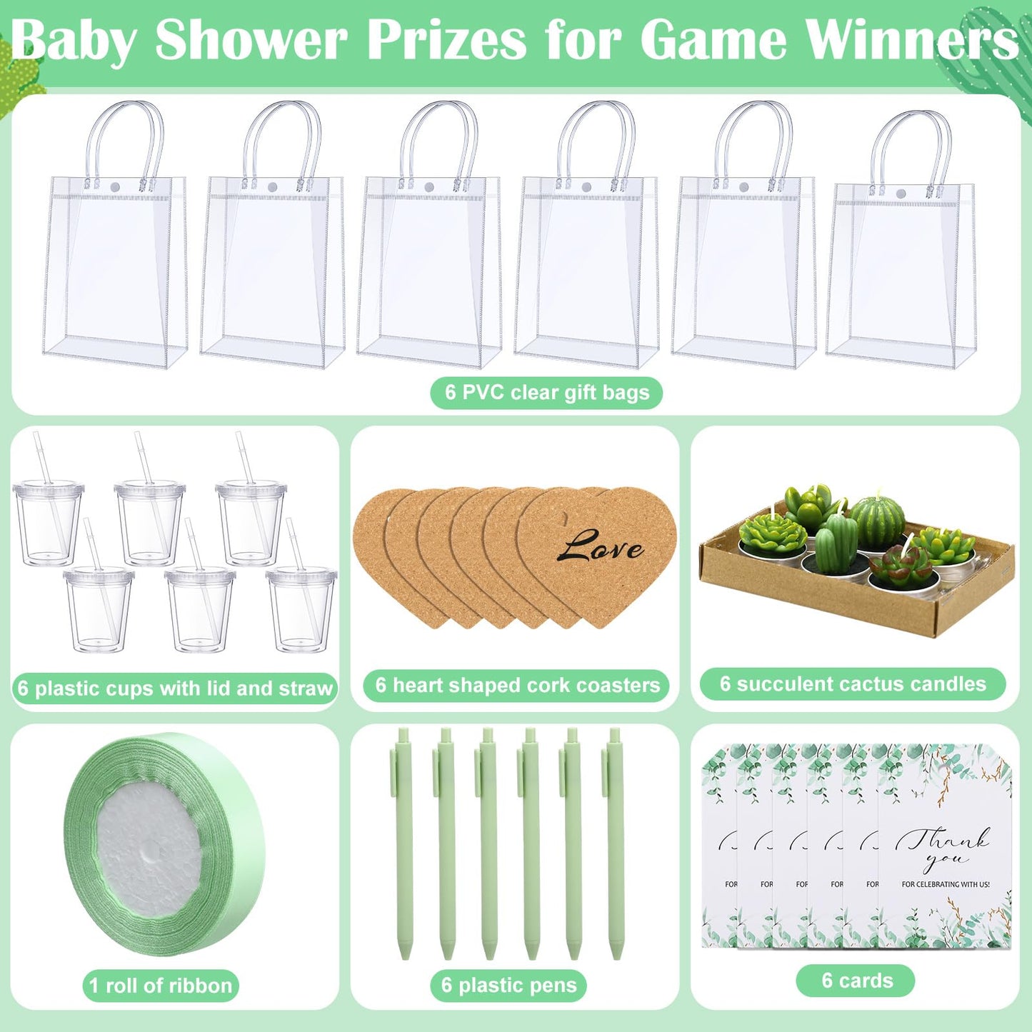 MotiMind 6 Sets Succulent Baby Shower Prizes for Game Players Baby Shower Winners Guest Gifts Green Cactus Candle Tumbler Coaster Pen Gift Bag Wedding Bridal Game Prizes Party Favors