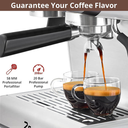 Takywep Semi-Automatic Espresso Machine - 1450W/20 Bar, 30 Grinder Settings, Fast Heating, Milk Frother Steam Wand, Home & Hotel Use, Silver