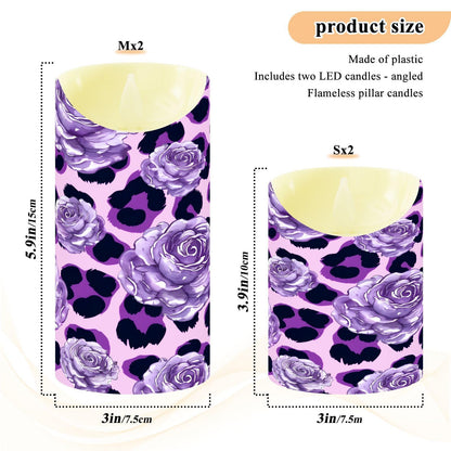 ALAZA Purple Leopard Print Rose Pattern Flickering Flameless Candles Battery Operated with Remote Timer,Tea Light Candles LED Pillar Votive Set of 2 for Outdoor Indoor Decorations 3" x5.9"