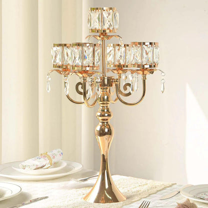 2 Pcs Kehail Gold 5 Arm Pendant Square Crystal Table Decor 22 inch Candle Holder, Classic and Elegant Table Centerpiece Atmosphere Candle Holders for Gift Wedding Party Home Decor