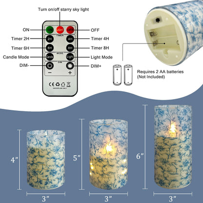 NjaoHoo Flickering Flameless Candles, Recessed String Light LED Candles 3D Wick Acrylic Battery Operated LED Pillar Candles with Remote and Timer for Modern Simple Home Decor Set of 3(Blue Twig)