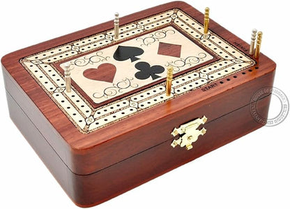 House of Cribbage - 2 Track - Wooden Cribbage Board/Box - Inlaid in Bloodwood/Maple Wood - Storage for Pegs &amp One Deck of Cards - 60 Points - Non Continuous