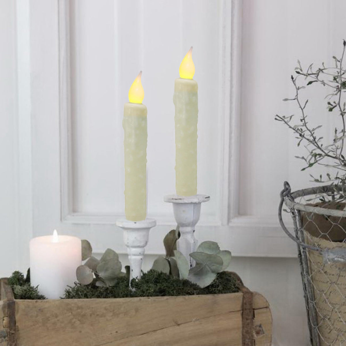 CVHOMEDECO. Real Wax Hand Dipped Battery Operated LED Timer Taper Candles Rustic Primitive Flameless Lights Décor, 6-3/4 Inch, Ivory, 6 PCS in a Package