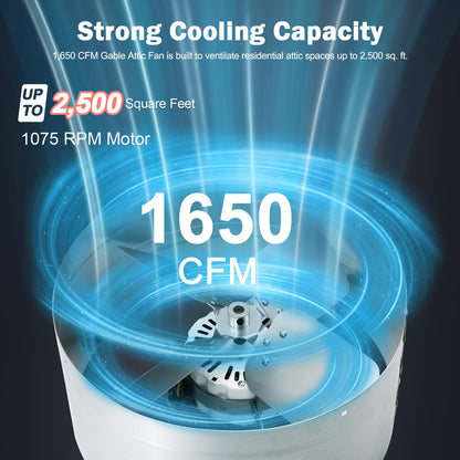 Hiorucet Upgraded 15 Inch Exhaust Fan for Gable Vent with Switch, 1650CFM 2500 SQF High-Speed Attic Fan with Adjustable Thermostat, 14 Inch Fan Blade and Permanently Lubricated Motor, 1075RPM.
