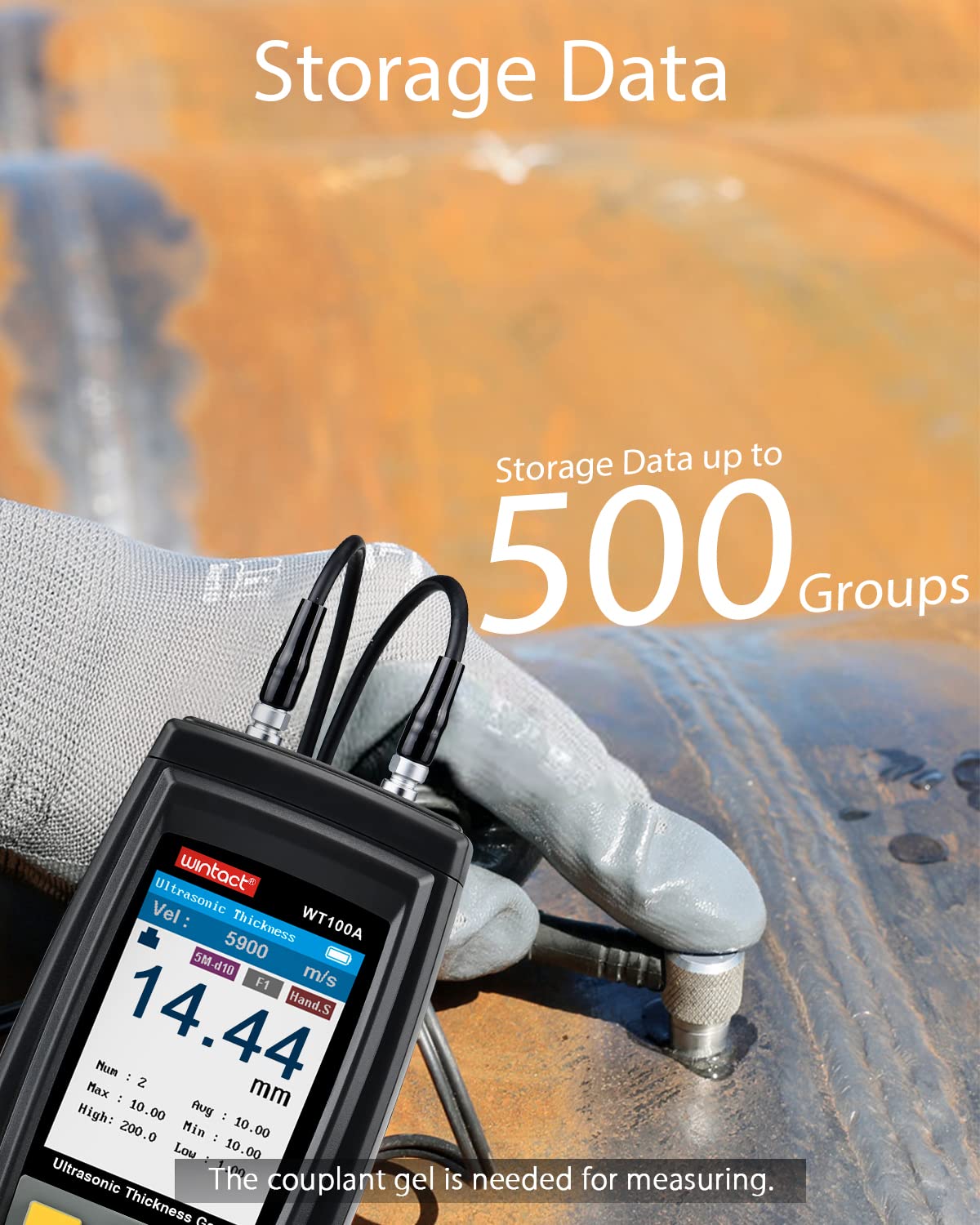 Wintact Digital Ultrasonic Thickness Gauge, Range 0.039 to 11.81 in with Probe for Measuring Metal and Nonmetal Materials, Steel, Cylinder Wall, Plastic, Glass, PVC, Pipes (WT100A)