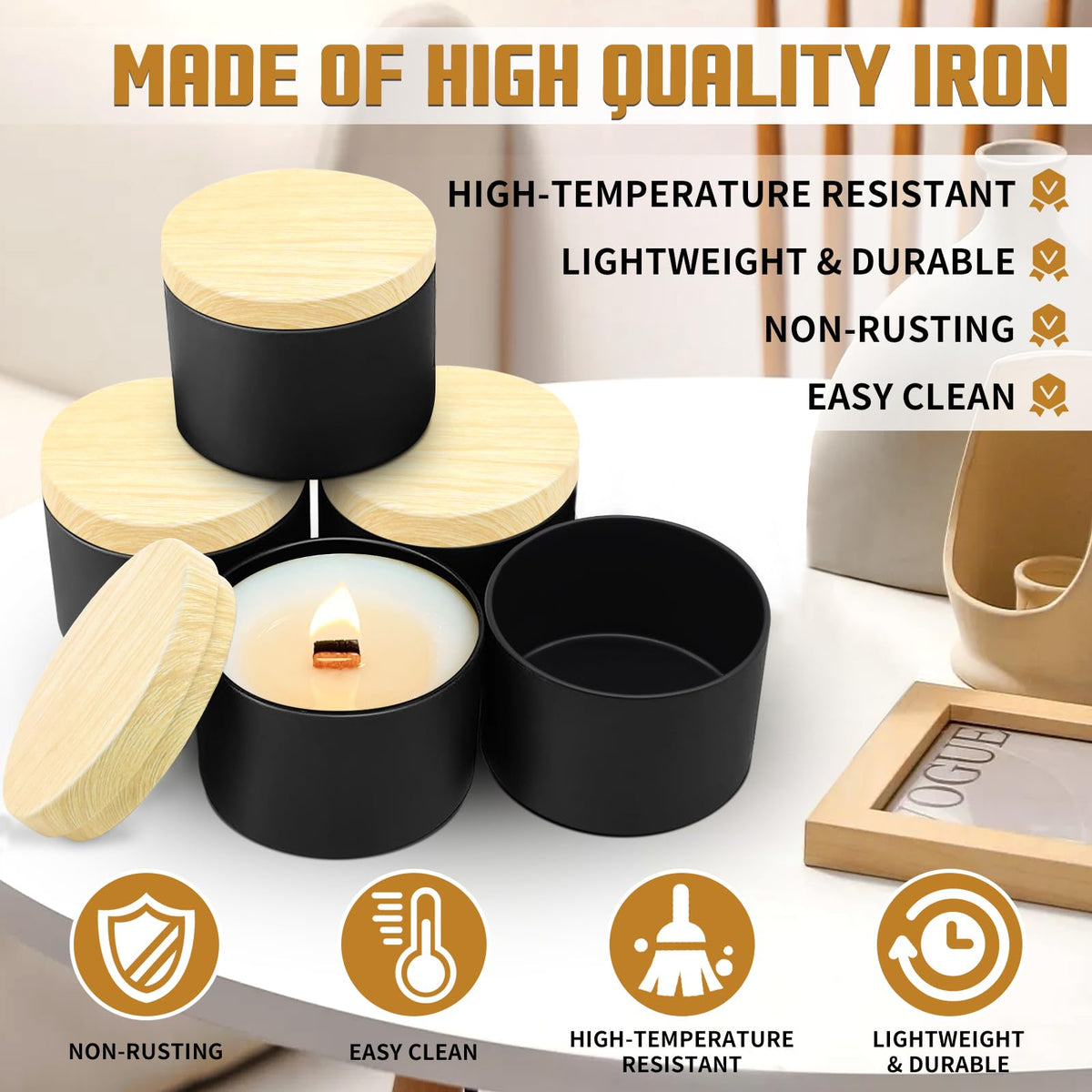 YJHSS 24-Pack 4oz Candle Tins with Wood-Grain Printing Lids, Metal Candle Jars for Candle Making, Empty Containers Vessels Bulk for Small Business & Beginners DIY Storage -Wood Black