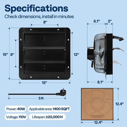 VIVOHOME 12" Shutter Exhaust Fan with EC Motor – 1300 CFM with Thermostat, Variable Speed, Timer, Wall-Mounted for Attic, Garage, Greenhouse, Chicken Coop, Barn Ventilation