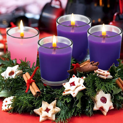UNICY 12 Packs Advent Candles with Clear Glass Holder, 9 Purple and 3 Pink Votive Candles, Unscented Seasonal Celebration Candles for Christmas Table Decoration, 1.8oz, KFUS-12VOT-ZIFEN
