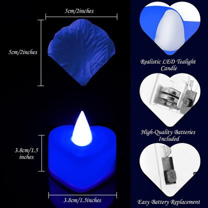 Honoson 1000 Pieces Artificial Rose Petals with 24 Pcs Flameless Heart Shaped LED Tealights Candles Special Romantic Night Decorations for Proposal Wedding Anniversary Table Decor(Blue)