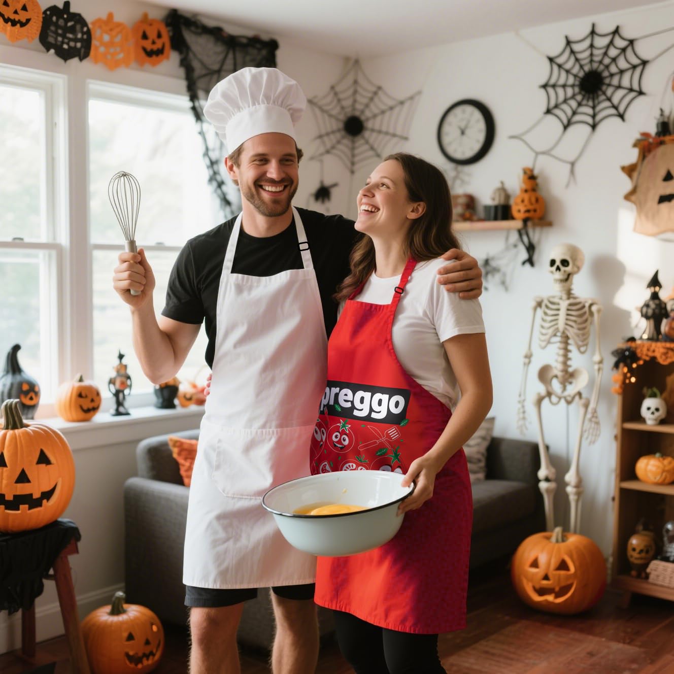 Sfcddtlg 3 Pcs Pregnant Chef Halloween Couples Costume, Chef Apron Set with Tomato Preggo Apron & Hat for Kitchen Cook Halloween Party Cosplay