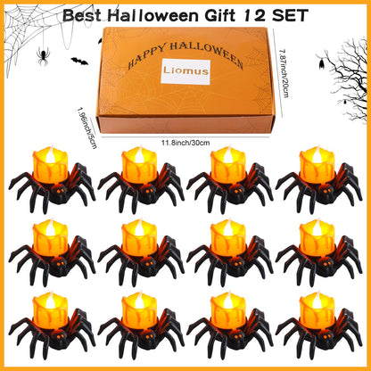Liomus 12 Packs Halloween Spider Lights,Bright Novelty LED Flameless Spider Candle Tea Lights,Battery Operated Orange Halloween Decor Lights for Halloween Holiday Party Home Spooky Decor