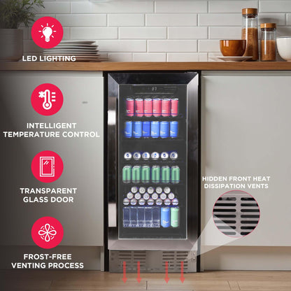 Frigidaire Gallery, 22.5" Wide Beverage Cooler, 30-Bottles Stainless Steel, with Lock, Tempered Glass Door, Frost Free, Glass Door, Stainless Steel, Built-in