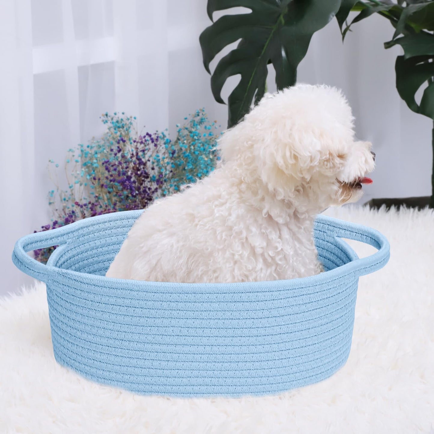 ABenkle Small Basket with Handles - Decorative Durable Rope Woven Storage Bin Shelf Storage Organizer Cube, Easter Baby Gift Basket, 12"x8"x5", Blue