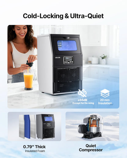 VEVOR Commercial Ice Maker Machine, 80 lbs/24h with 12Lbs Storage, 32 Cubes per Cycle, Stainless Steel Freestanding & Countertop Ice Maker with LED Display & Self-Cleaning, for Home Bar Restaurant