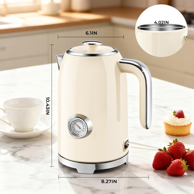 SUSTEAS Electric Kettle - 57oz Hot Tea Water Boiler with Thermometer, 1500W Fast Heating Stainless Steel Pot, Cordless LED Indicator, Auto Shut-Off & Boil Dry Protection, Red