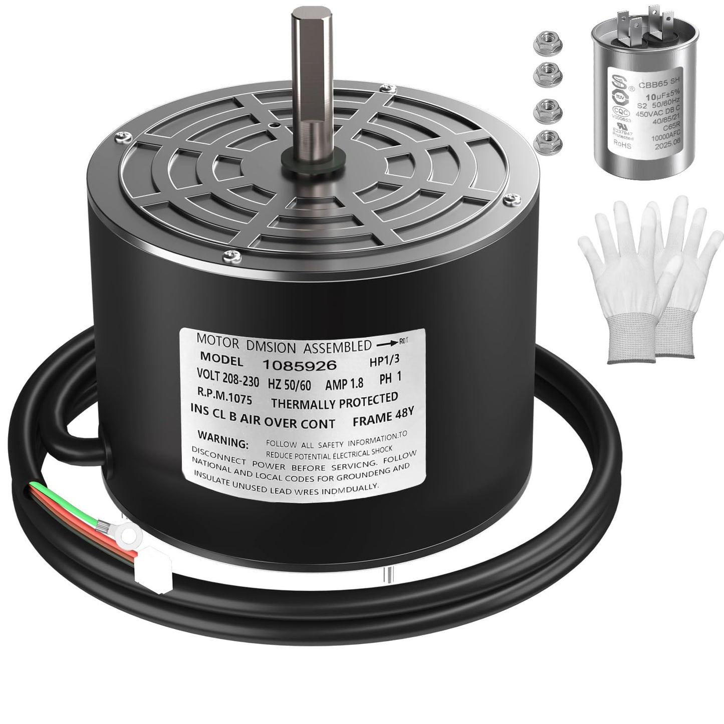 Xicbie 1085926 1/3 HP 208-230V 1075RPM CW Condenser Fan Motor – Original Replacement for K55HXGDD-8119, K55HXPS-7301 | Durable Aluminum Housing for Residential & Commercial HVAC