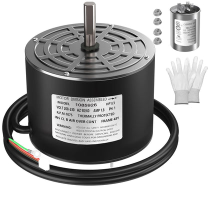 Xicbie 1085926 1/3 HP 208-230V 1075RPM CW Condenser Fan Motor – Original Replacement for K55HXGDD-8119, K55HXPS-7301 | Durable Aluminum Housing for Residential & Commercial HVAC