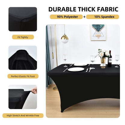 ZarzaaSik 6-Pack 8ft Black Spandex Table Covers for Rectangle Folding Tables - Washable Elastic Tablecloth - Ultimate Fitted Table Protector for Birthday Parties, Trade Shows, Banquet