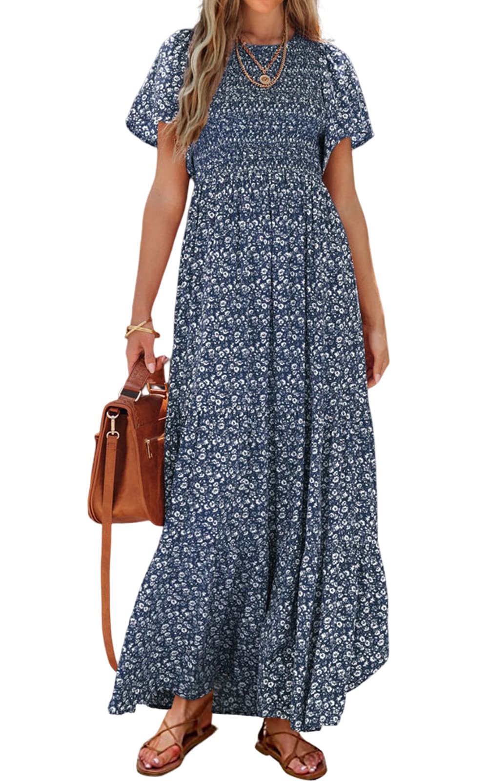 PRETTYGARDEN Women's 2025 Summer Casual Flutter Short Sleeve Boho Floral Maxi Dress Crew Neck Smocked Tiered Long Dresses