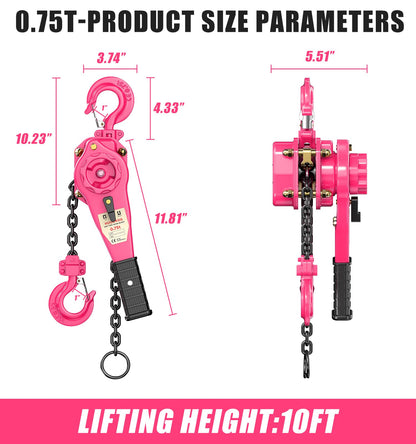 HUGOASIS 3/4 Ton 1650lbs Lever Chain Hoist Capacity 10ft,Chain Come Along with Dual Brake System, G80 Manganese Steel Chain, 2 Heavy Duty Hooks for Garages Warehouse Automotive Machinery – Pink